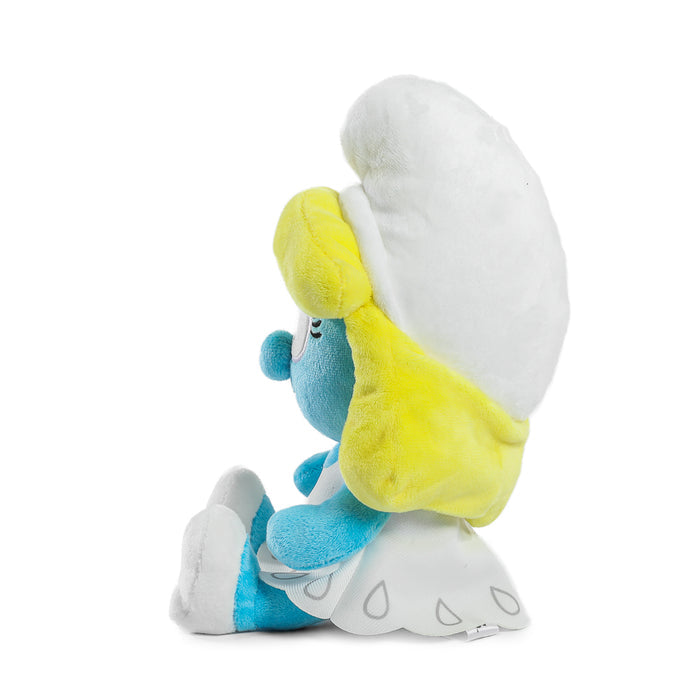 Soft Smurfette plush toy from The Smurfs, featuring blue fabric and detailed embroidered facial features.