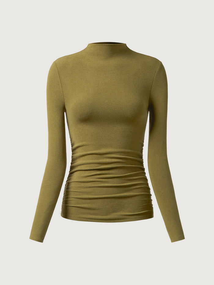 OGLmove Test-Thermal Ruched Sides Tuckable Mockneck Top Ginger Olive XS