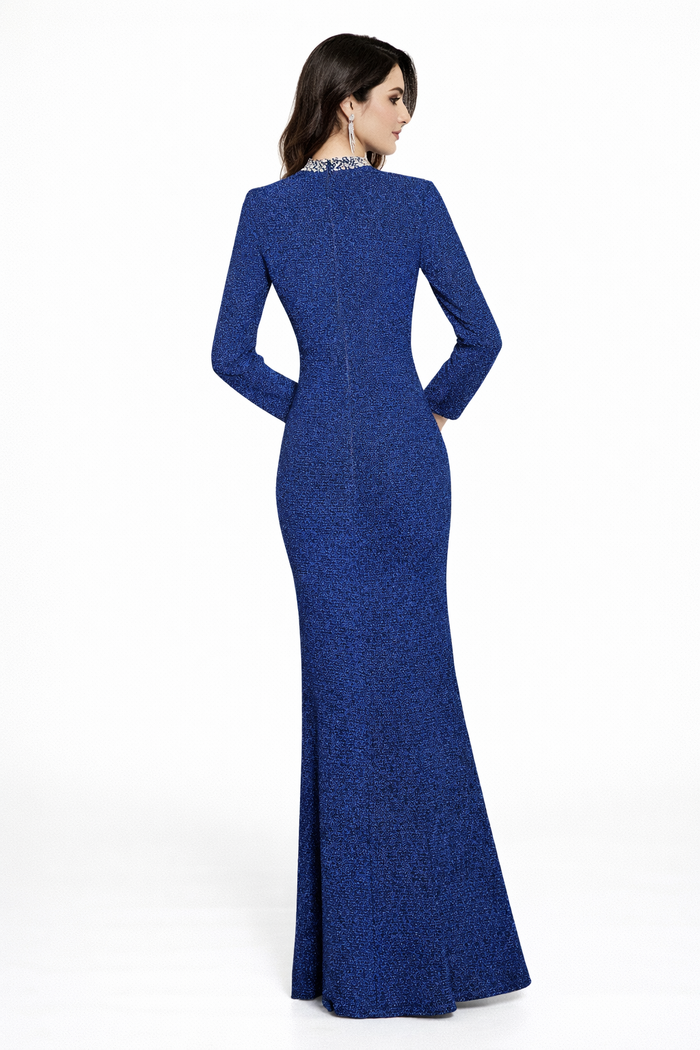 three-quarter sleeve fitted evening gown with embellished neckline – VELORA
