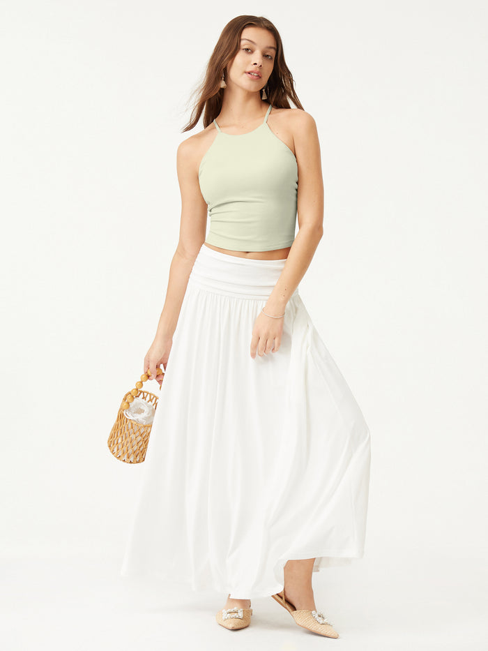 OGLmove 2Pcs Tie Back Bandless Bra Tank & Side Ruched A-line Midi Skirt