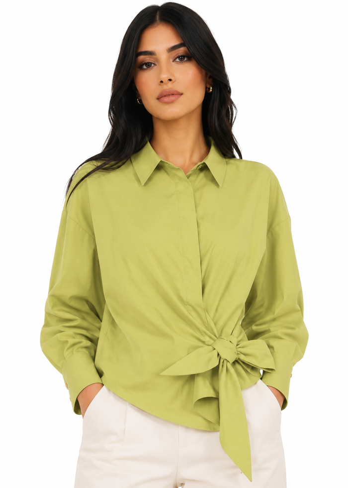 Tie-Waist Balloon-Sleeve Shirt – Lime