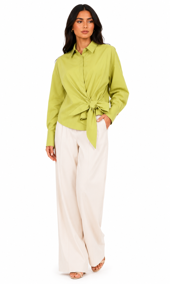 Tie-Waist Balloon-Sleeve Shirt – Lime