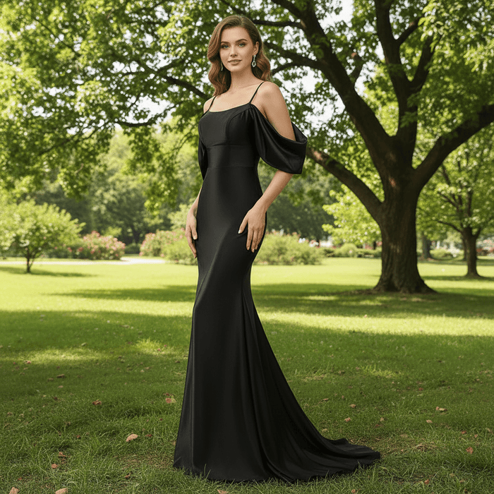 Trendy Backless Black Mermaid Bridesmaid Dress with Off Shoulder - Rosymae