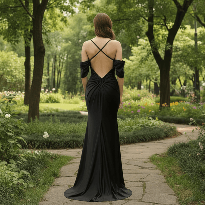 Trendy Backless Black Mermaid Bridesmaid Dress with Off Shoulder - Rosymae
