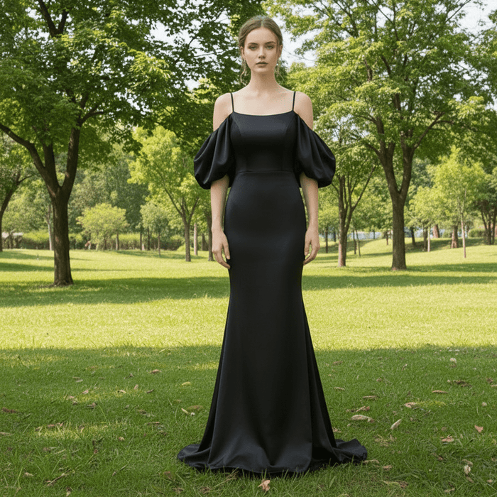 Trendy Backless Black Mermaid Bridesmaid Dress with Off Shoulder - Rosymae