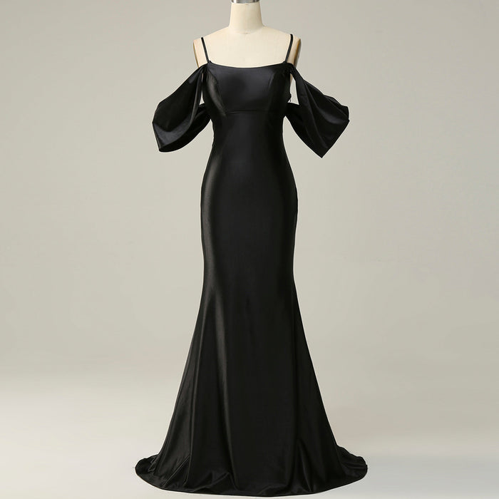 Trendy Backless Black Mermaid Bridesmaid Dress with Off Shoulder - Rosymae