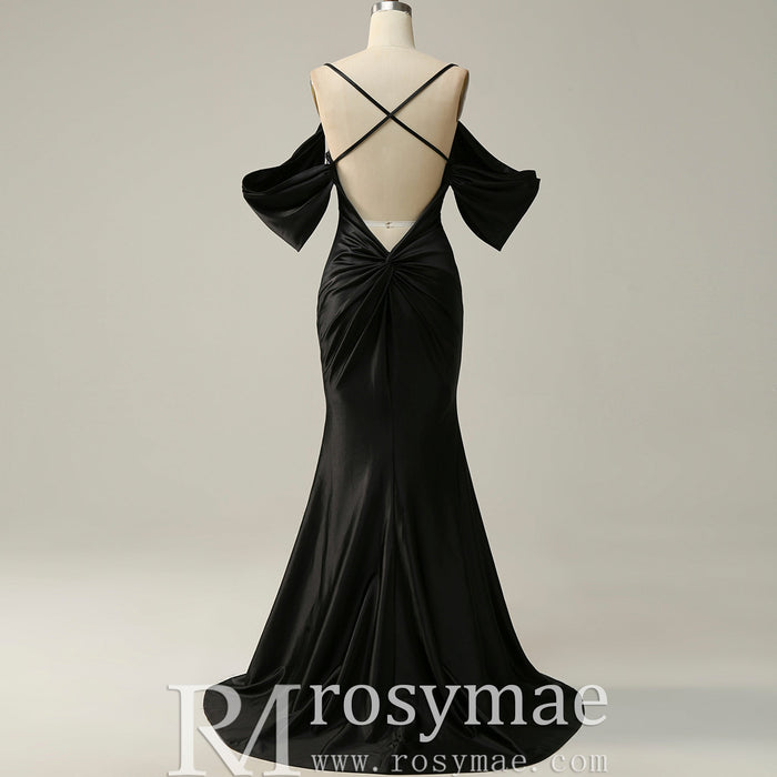 Trendy Backless Black Mermaid Bridesmaid Dress with Off Shoulder - Rosymae