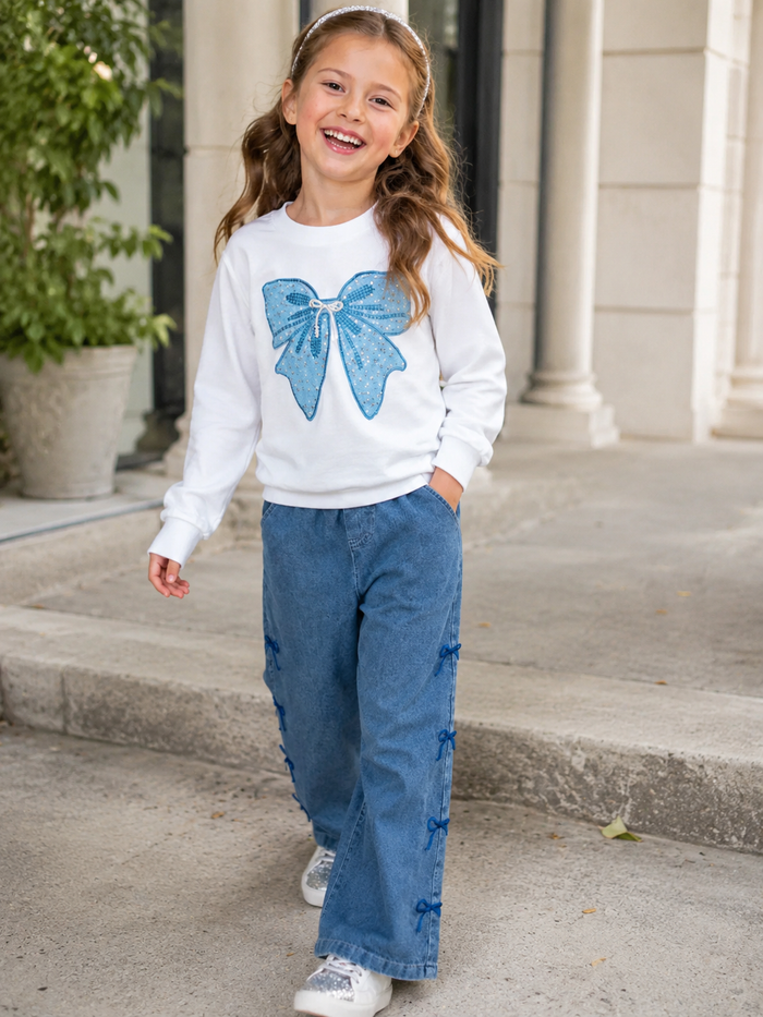 Trendy Bow Sweatshirt and Wide Leg Denim Set