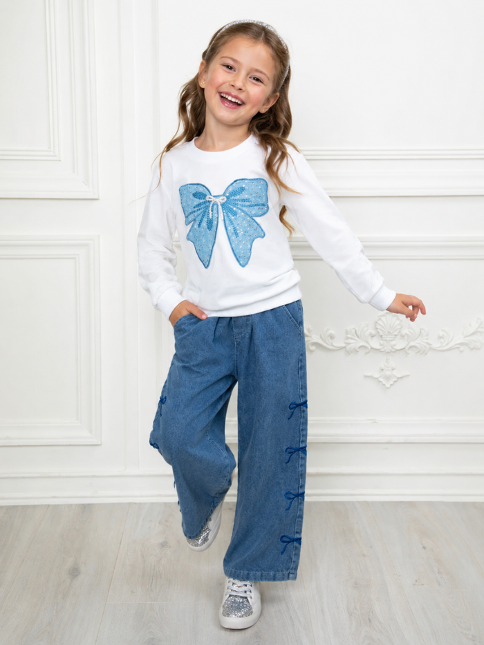 Trendy Bow Sweatshirt and Wide Leg Denim Set