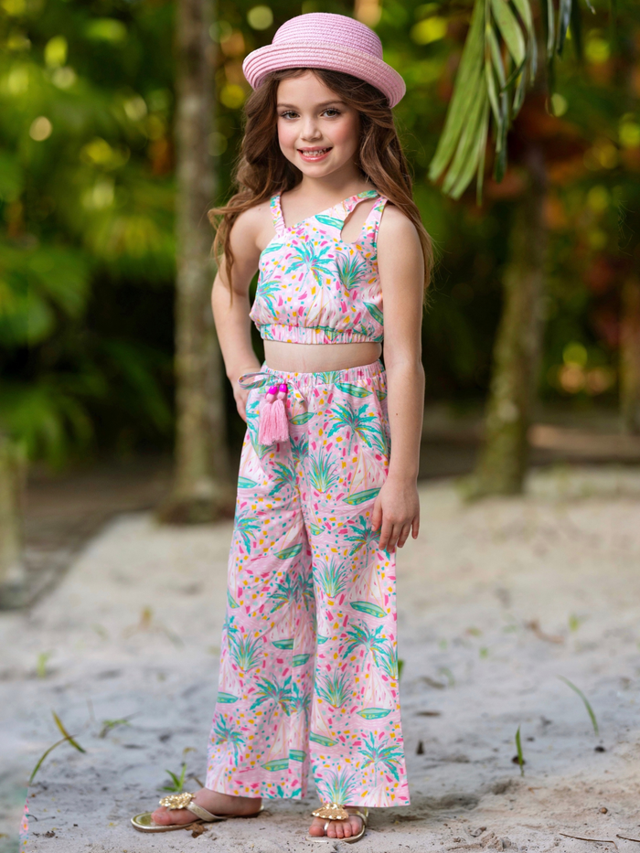 Tropical Paradise One-Shoulder Top and Palazzo Pants Set Mia Belle Girls