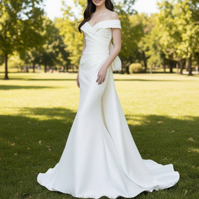 Trumpet Mermaid Satin Wedding Dresses with Long Bowknot - Rosymae