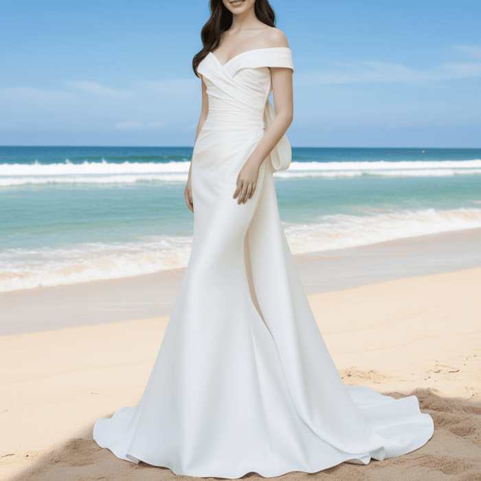 Trumpet Mermaid Satin Wedding Dresses with Long Bowknot - Rosymae
