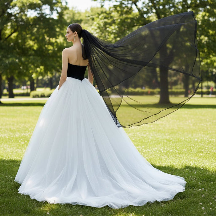 Tulle Black and White Wedding Dress with Strapless Curve Neck A-line - Rosymae