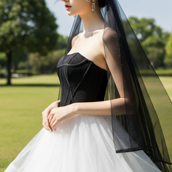Tulle Black and White Wedding Dress with Strapless Curve Neck A-line - Rosymae