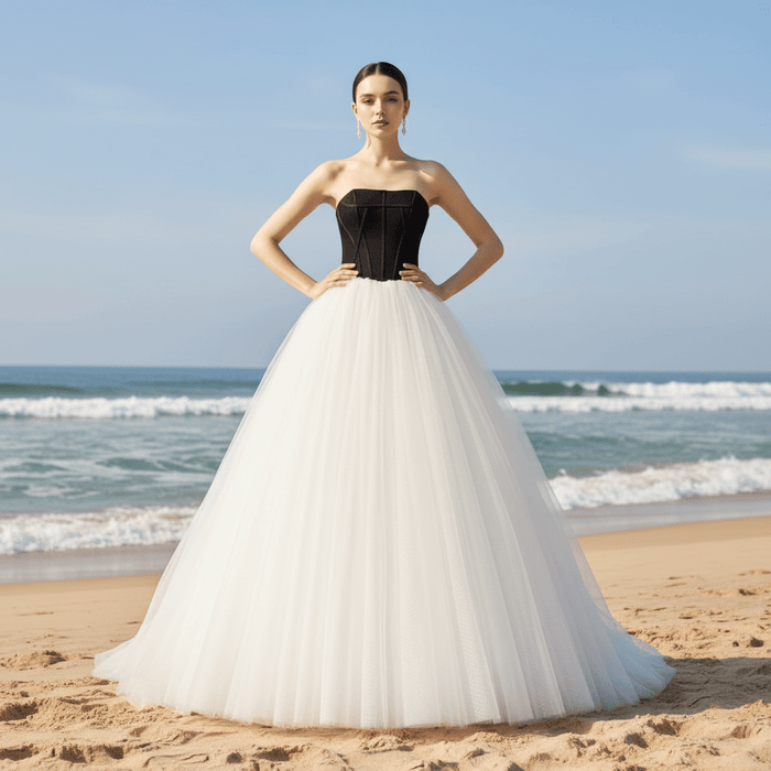 Tulle Black and White Wedding Dress with Strapless Curve Neck A-line - Rosymae