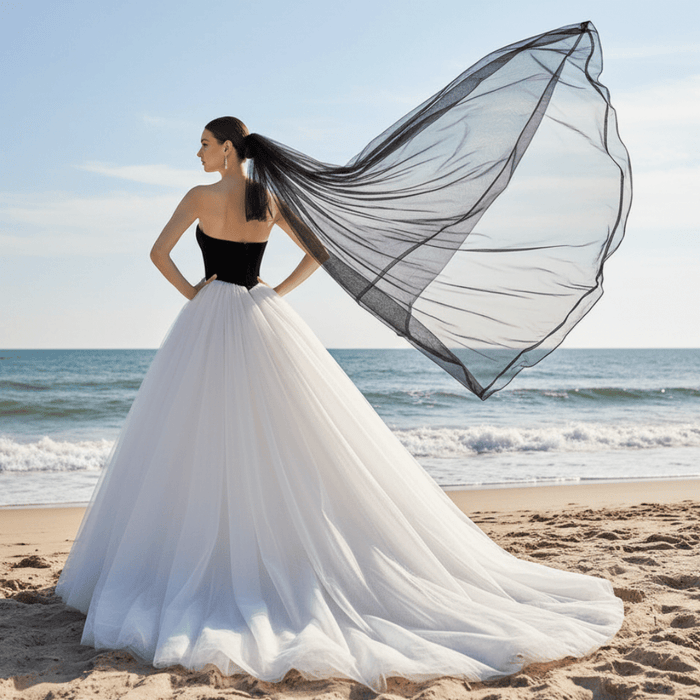 Tulle Black and White Wedding Dress with Strapless Curve Neck A-line - Rosymae