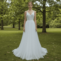 Tulle Simple V-neck Sheath Wedding Dress with Spaghetti Straps - Rosymae