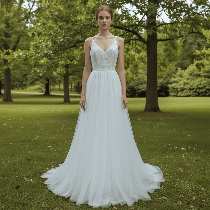 Tulle Simple V-neck Sheath Wedding Dress with Spaghetti Straps - Rosymae
