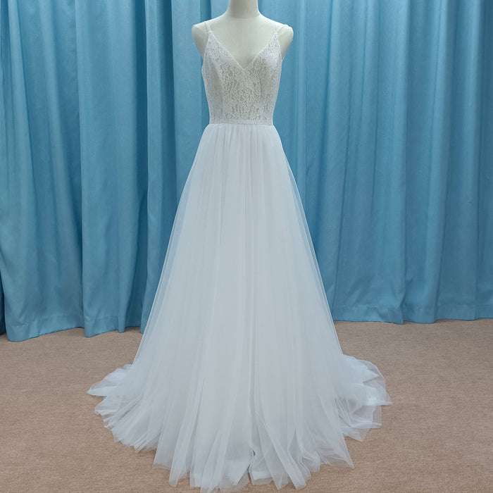 Tulle Simple V-neck Sheath Wedding Dress with Spaghetti Straps - Rosymae