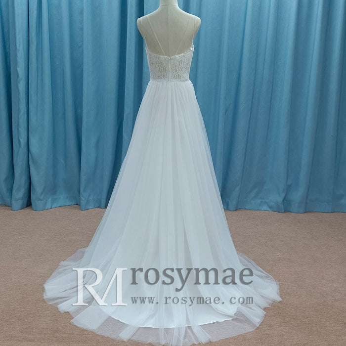 Tulle Simple V-neck Sheath Wedding Dress with Spaghetti Straps - Rosymae