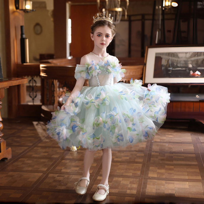 Turquoise Floral Tulle Flower Girl Dress for Girls Princess Party Dress J528