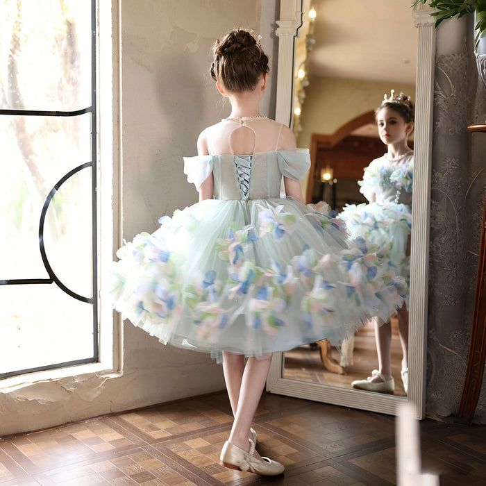 Turquoise Floral Tulle Flower Girl Dress for Girls Princess Party Dress J528