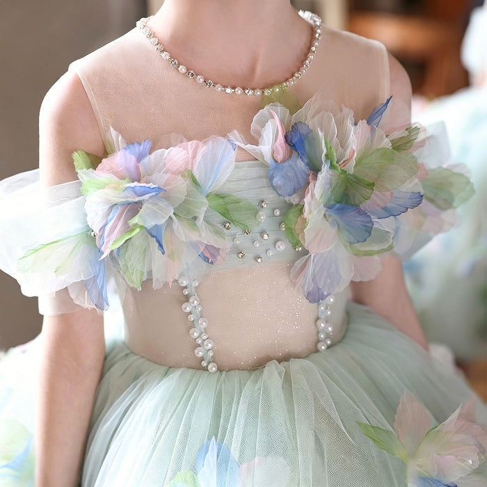 Turquoise Floral Tulle Flower Girl Dress for Girls Princess Party Dress J528