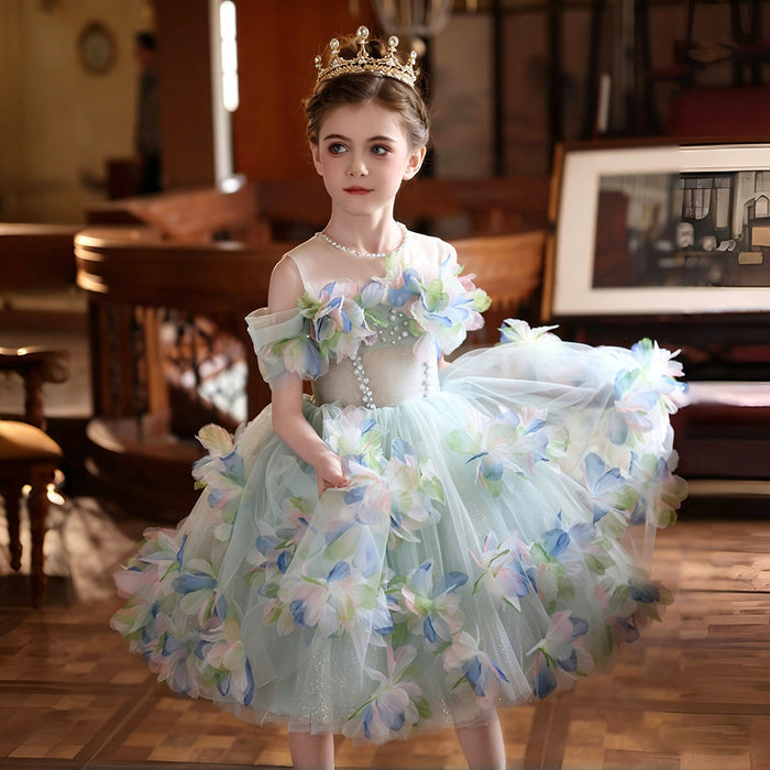 Turquoise Floral Tulle Flower Girl Dress for Girls Princess Party Dress J528