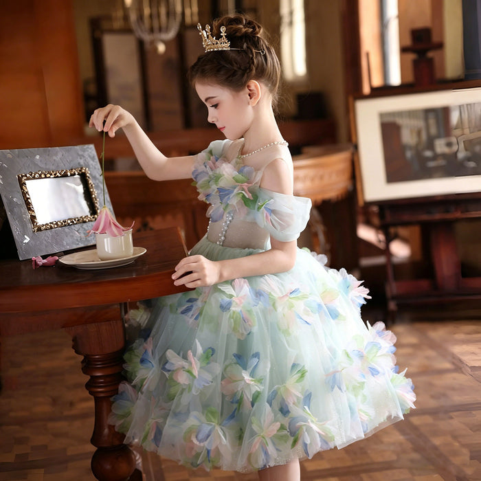 Turquoise Floral Tulle Flower Girl Dress for Girls Princess Party Dress J528