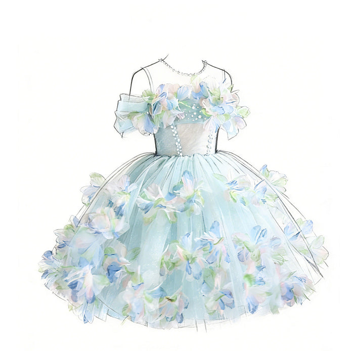 Turquoise Floral Tulle Flower Girl Dress for Girls Princess Party Dress J528