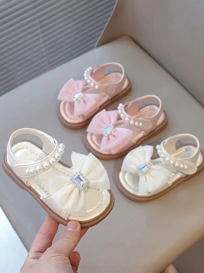 girls pearl bow sandals pink white rhinestone dress shoes