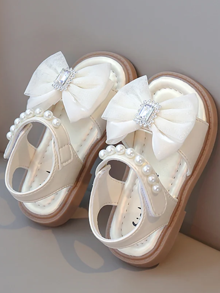 white toddler sandals pearl detail bow dressy summer shoes