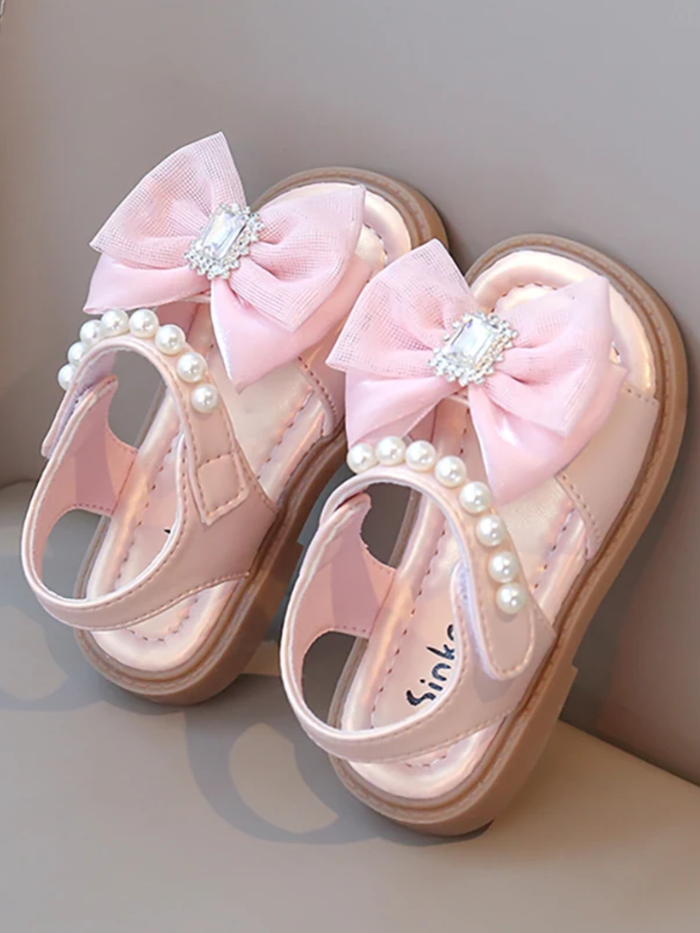 pink girls sandals bow rhinestone pearl strap summer footwear