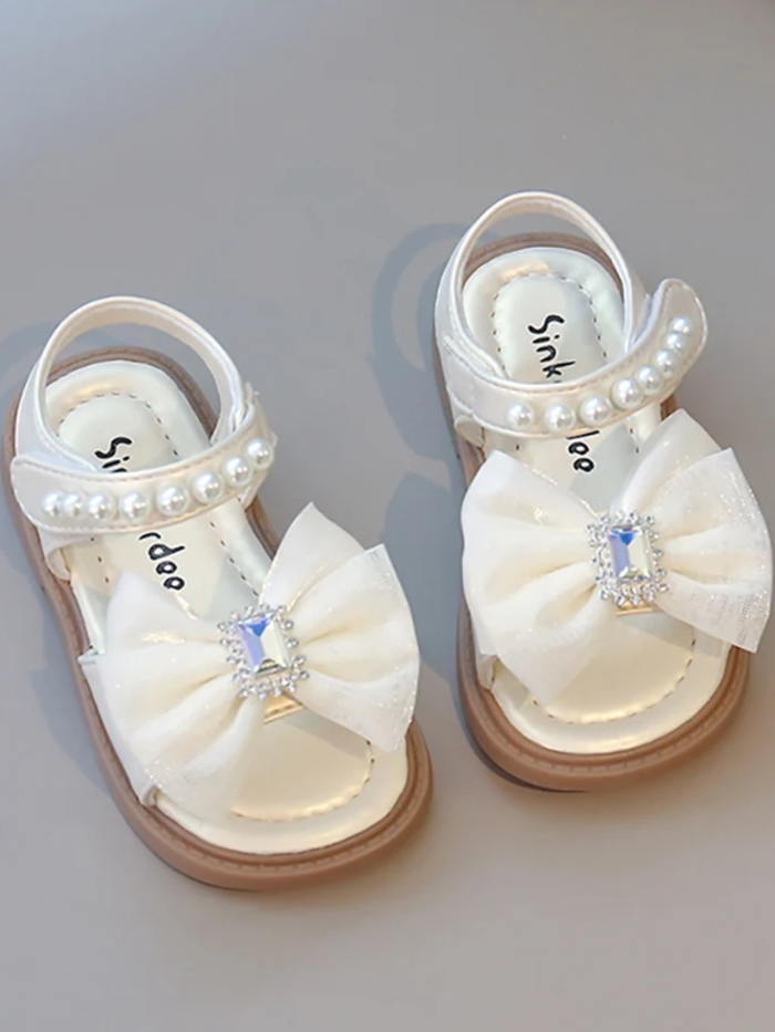 girls pearl bow sandals white rhinestone dress shoes