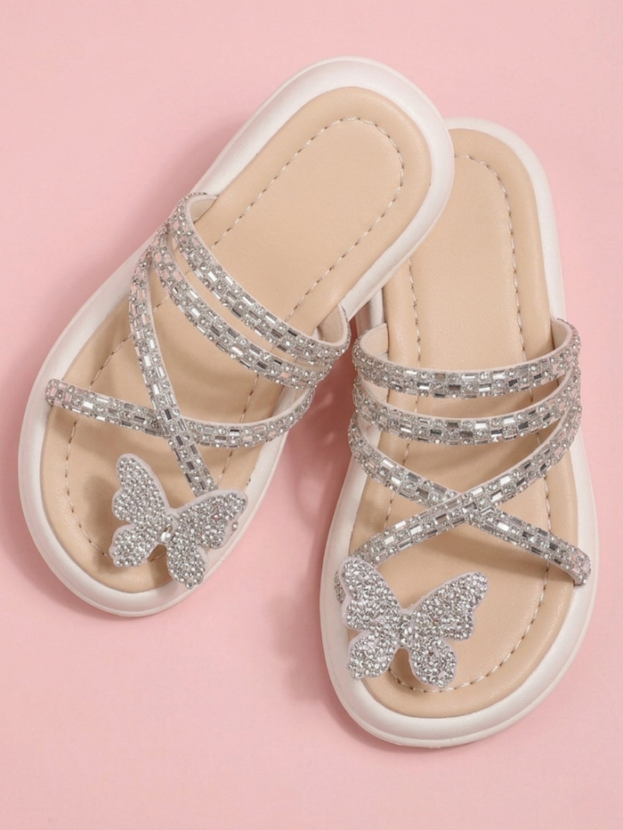 white rhinestone sandals for girls butterfly strappy slide
