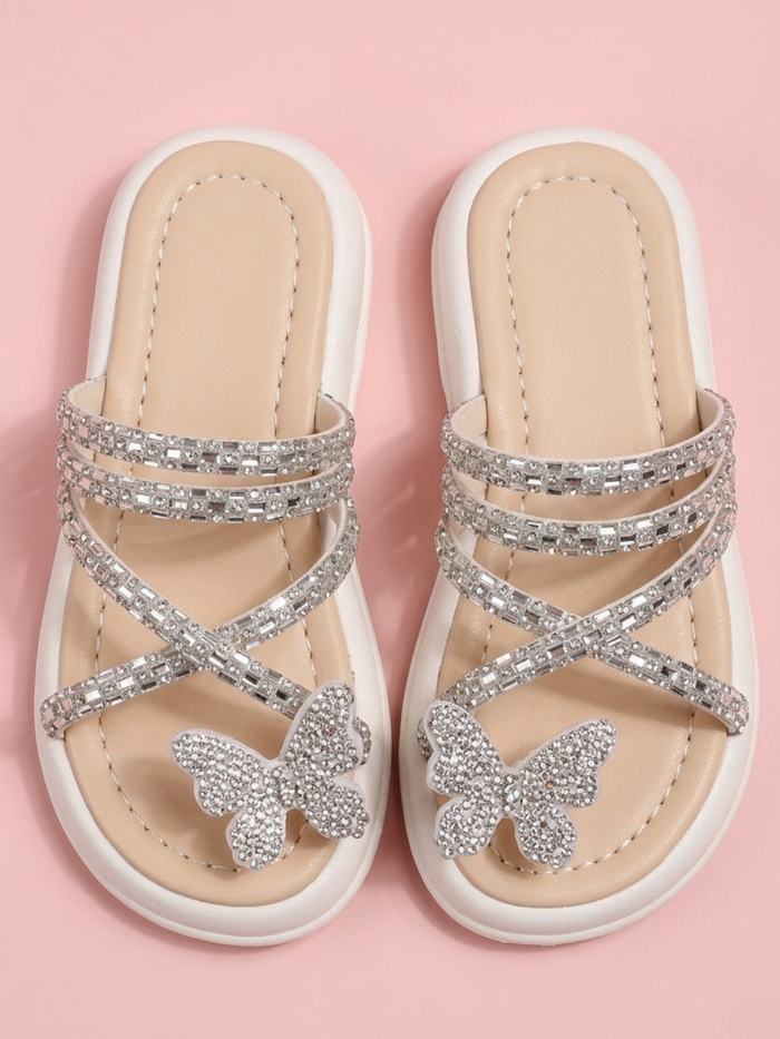 white rhinestone sandals for girls butterfly strappy slide