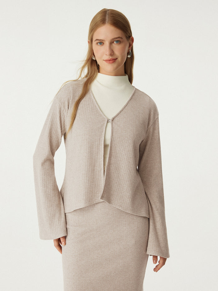 OGLmove 2Pcs Set V Neck Flare Long Sleeve Cardigan & High Waisted Plicated Wide Leg Pant