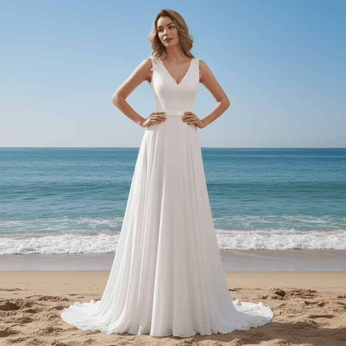 V-neck Satin and Chiffon A-line Wedding Dress with Sheer back - Rosymae