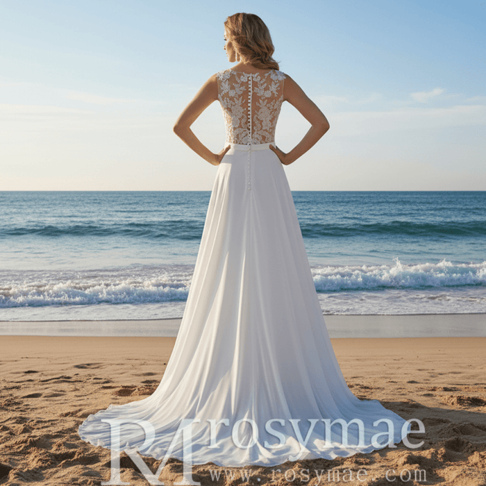 V-neck Satin and Chiffon A-line Wedding Dress with Sheer back - Rosymae