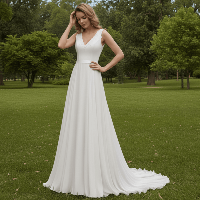V-neck Satin and Chiffon A-line Wedding Dress with Sheer back - Rosymae