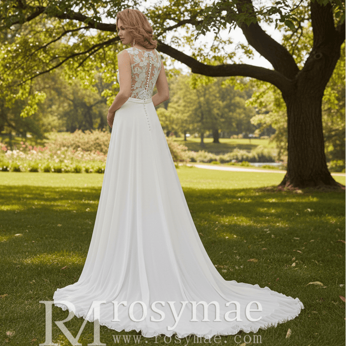 V-neck Satin and Chiffon A-line Wedding Dress with Sheer back - Rosymae