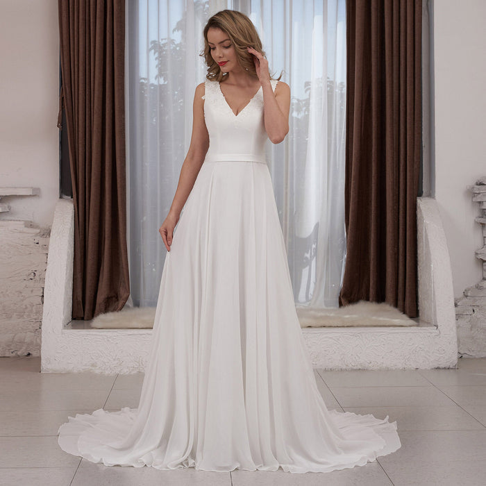 V-neck Satin and Chiffon A-line Wedding Dress with Sheer back - Rosymae
