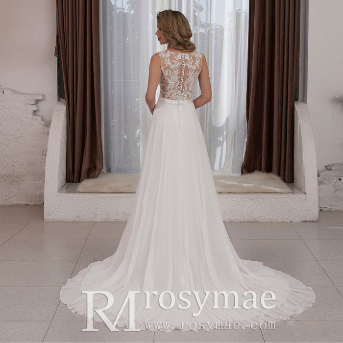 V-neck Satin and Chiffon A-line Wedding Dress with Sheer back - Rosymae