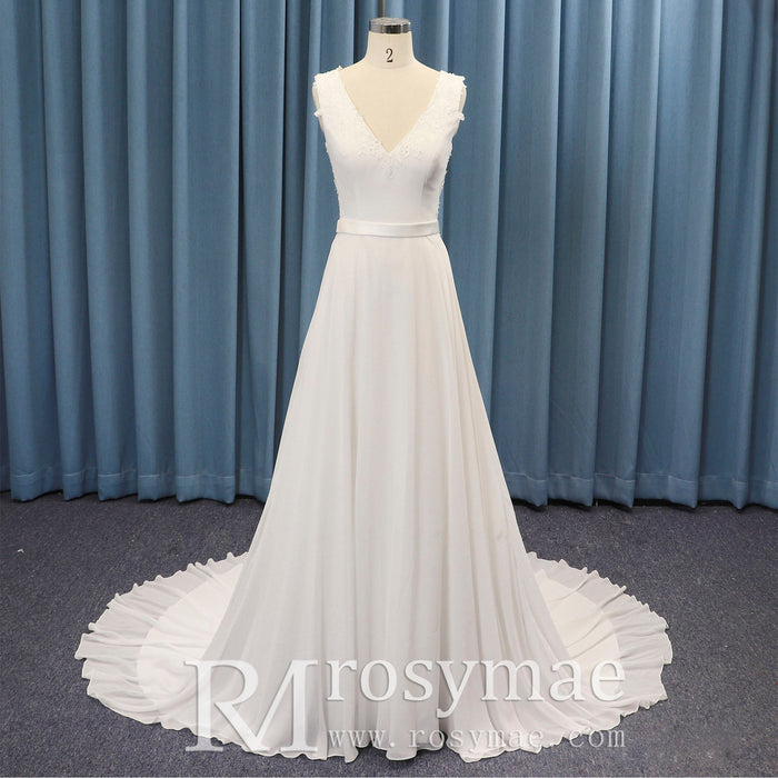 V-neck Satin and Chiffon A-line Wedding Dress with Sheer back - Rosymae