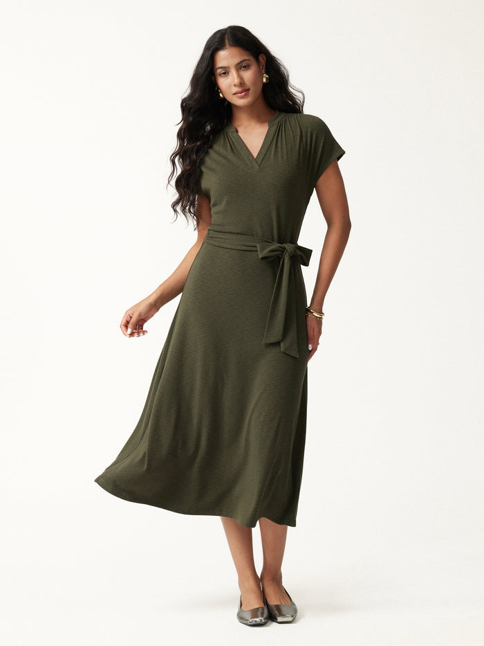 OGLmove V-Neck Short Sleeve Belted Midi Dress