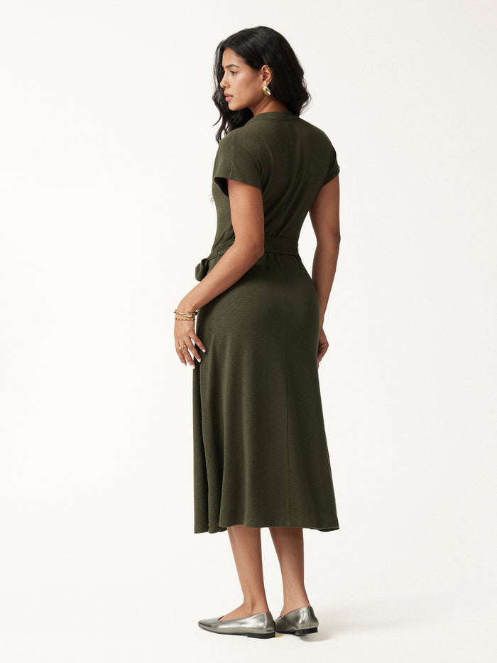 OGLmove V-Neck Short Sleeve Belted Midi Dress