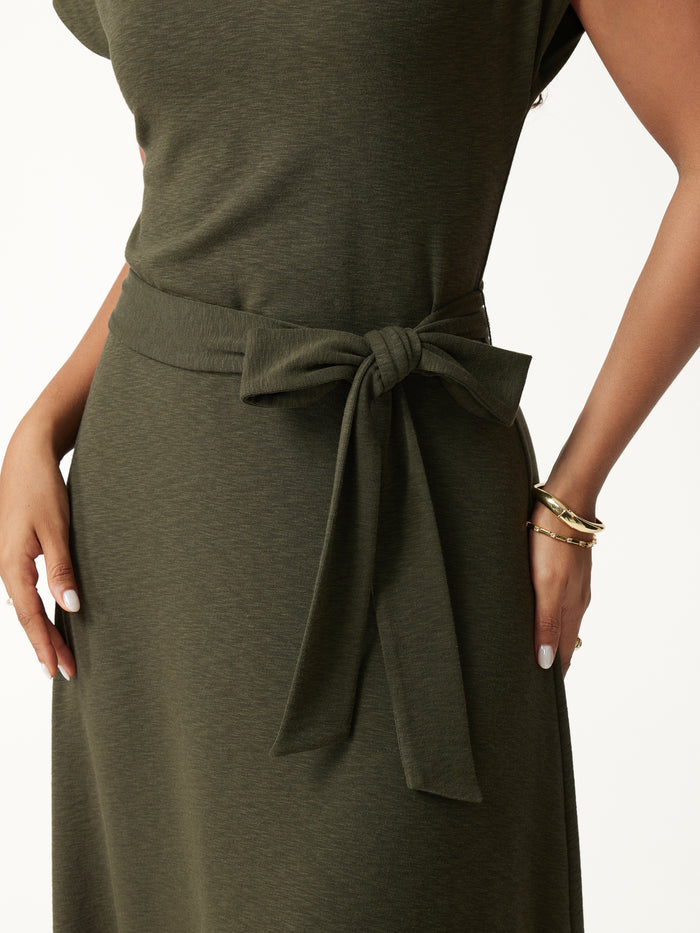 OGLmove V-Neck Short Sleeve Belted Midi Dress