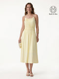 OGLmove Gathered U-Neck Spaghetti Midi Bra Dress with Pockets Pale Yellow XS