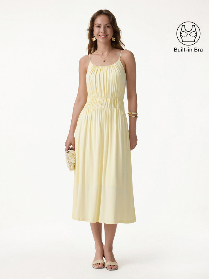 OGLmove Gathered U-Neck Spaghetti Midi Bra Dress with Pockets Pale Yellow XS