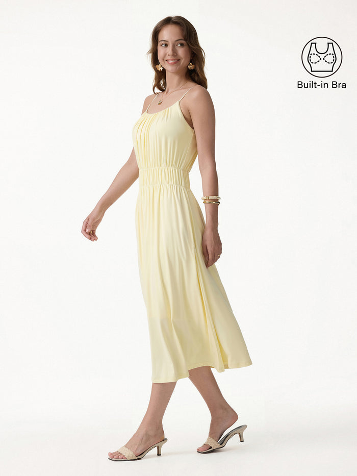 OGLmove Gathered U-Neck Spaghetti Midi Bra Dress with Pockets